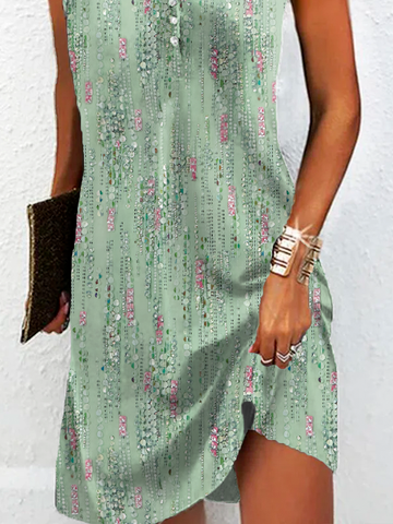Casual Abstract Printed Sleeveless Buttoned Dress