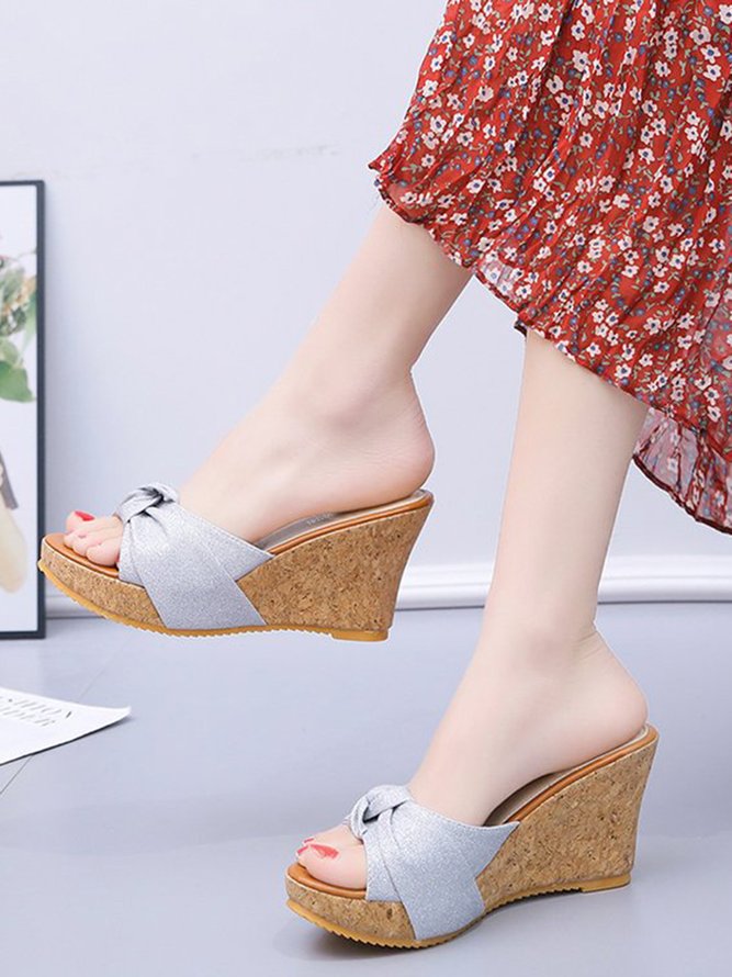 Bowknot Denim Wedge Slide Sandals