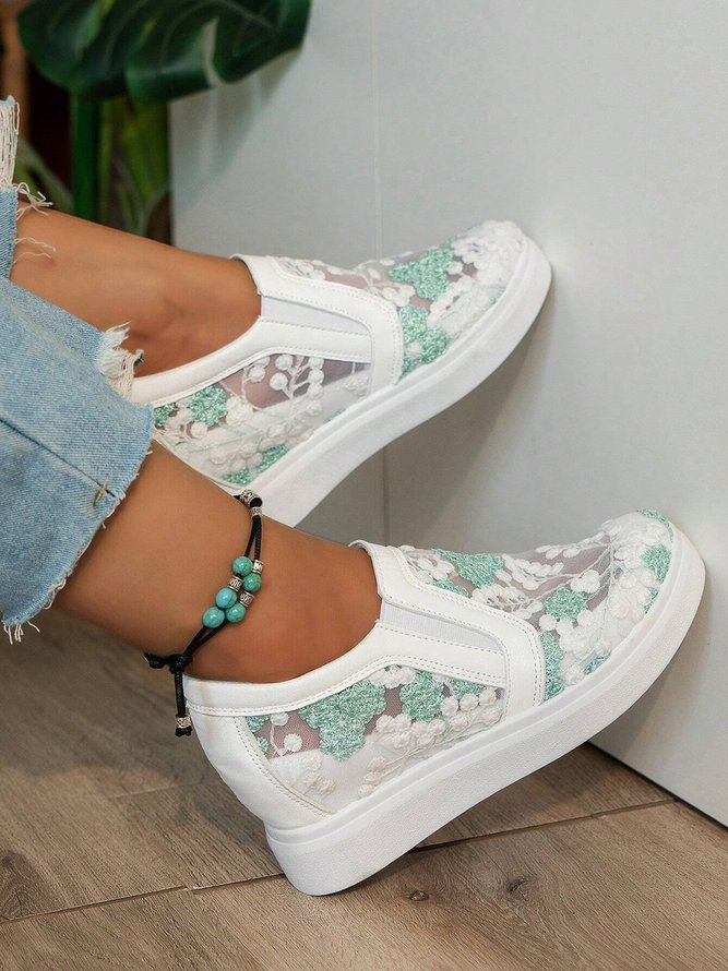 Mesh Embroidery Casual Paneled Slip-On Wedge Shoes