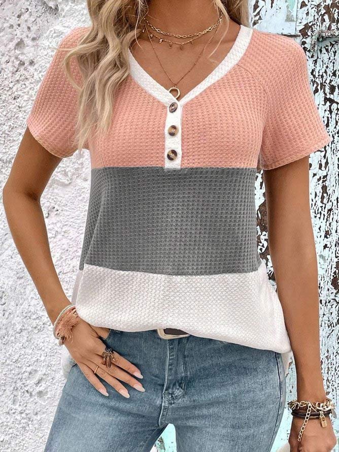 Casual Color Block V Neck Buckle Blouses