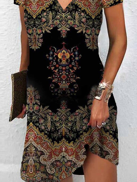 Loose Ethnic V Neck Casual Dress