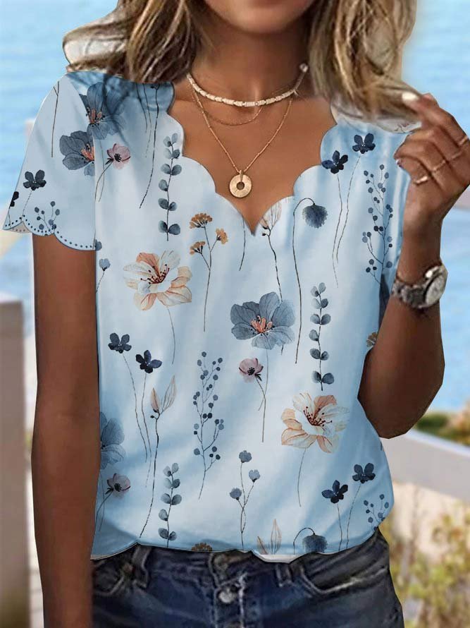  V Neck Floral Printed Loose T-Shirt
