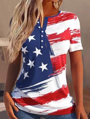 Casual Loose Crew Neck America Flag Shirt