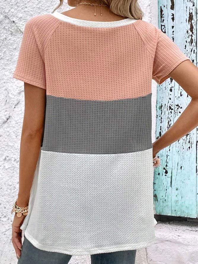 Casual Color Block V Neck Buckle Blouses
