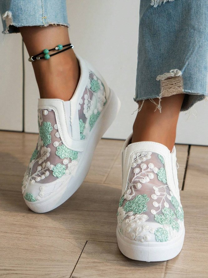 Mesh Embroidery Casual Paneled Slip-On Wedge Shoes