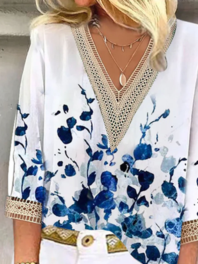 Loose Floral V Neck Casual Lace Blouses