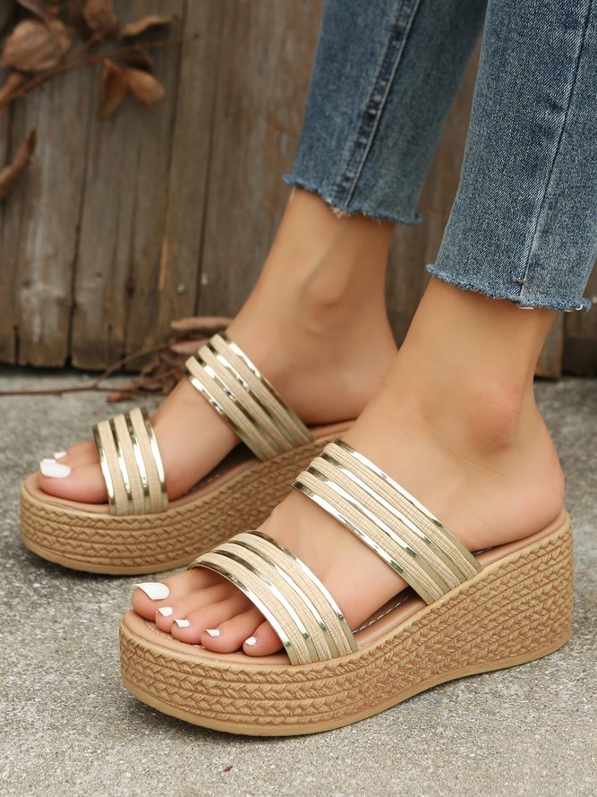 Champagne Strap Panel Faux Woven Wedge Sandals