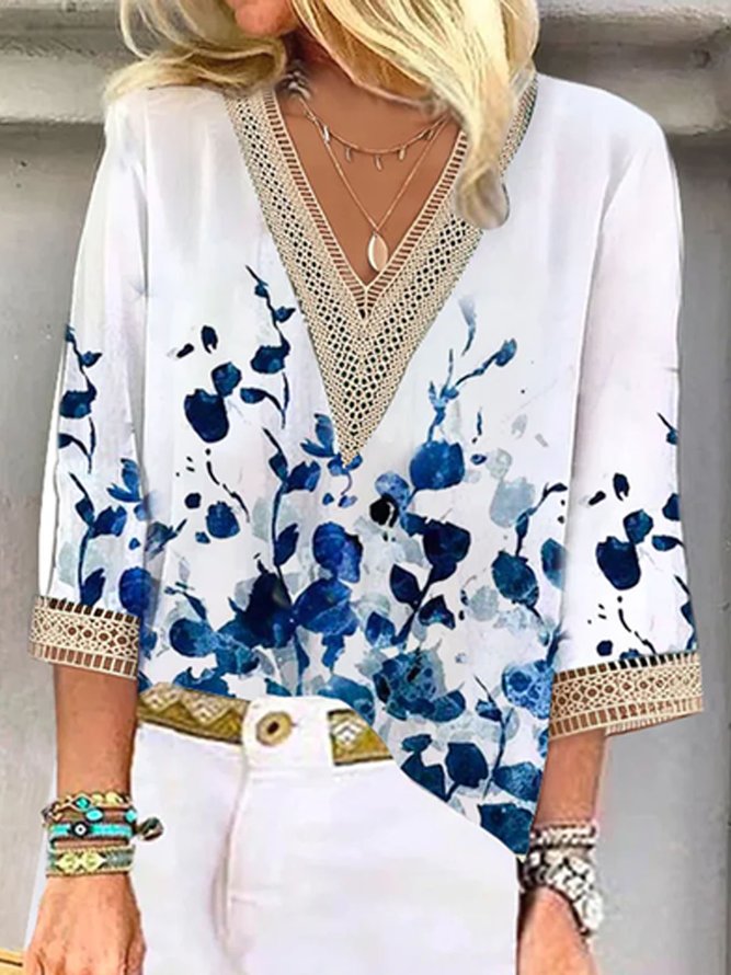 Loose Floral V Neck Casual Lace Blouses
