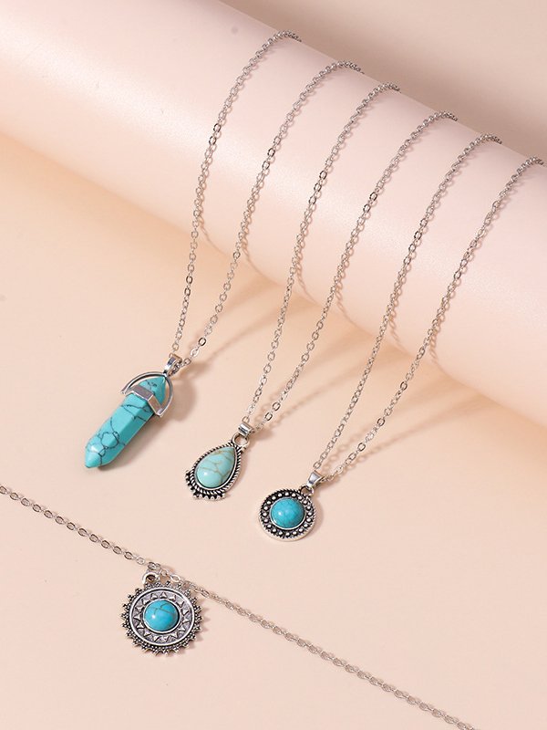 Vacation Turquoise Silver Metal Tiered Necklace Boho Women's Jewelry