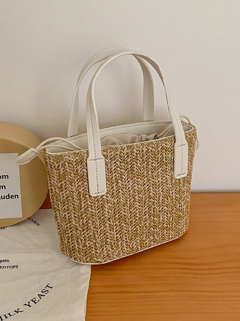 Casual Straw Drawstring Handbag Messenger Bag Vacation Beach Women