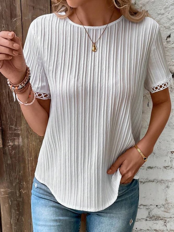 Lace Casual Plain Crew Neck Loose Shirt