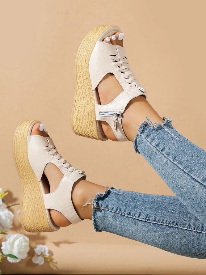 Casual Hollow out Braided Side Zip Wedge Sandals