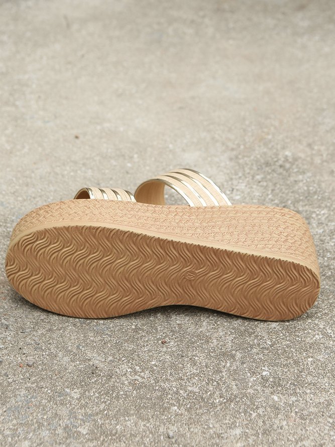 Champagne Strap Panel Faux Woven Wedge Sandals