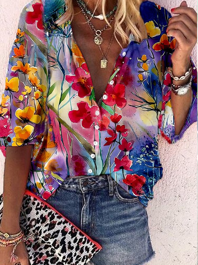 Stand Collar Vacation Loose Floral Blouse