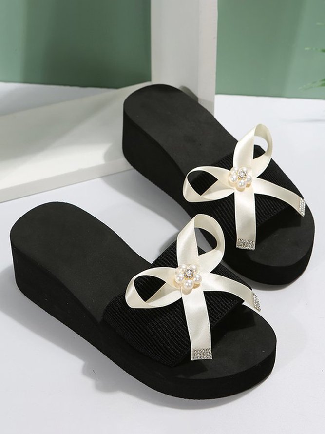 Pearl Rhinestone Ribbon Ribbon High Elasticity Holiday Wedge Sandals