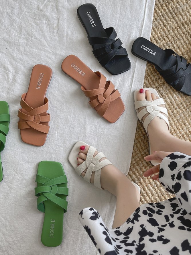 Cross-Filled Straps Square Toe Slides