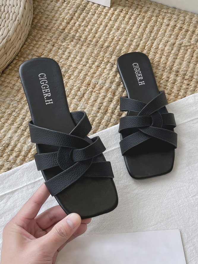 Cross-Filled Straps Square Toe Slides