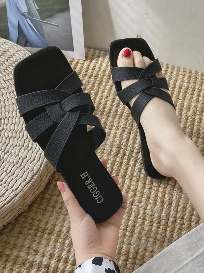 Cross-Filled Straps Square Toe Slides