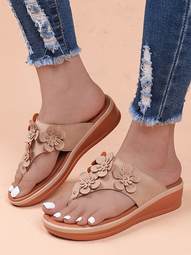 Vintage Floral Appliques Wedge Thong Slide Sandals