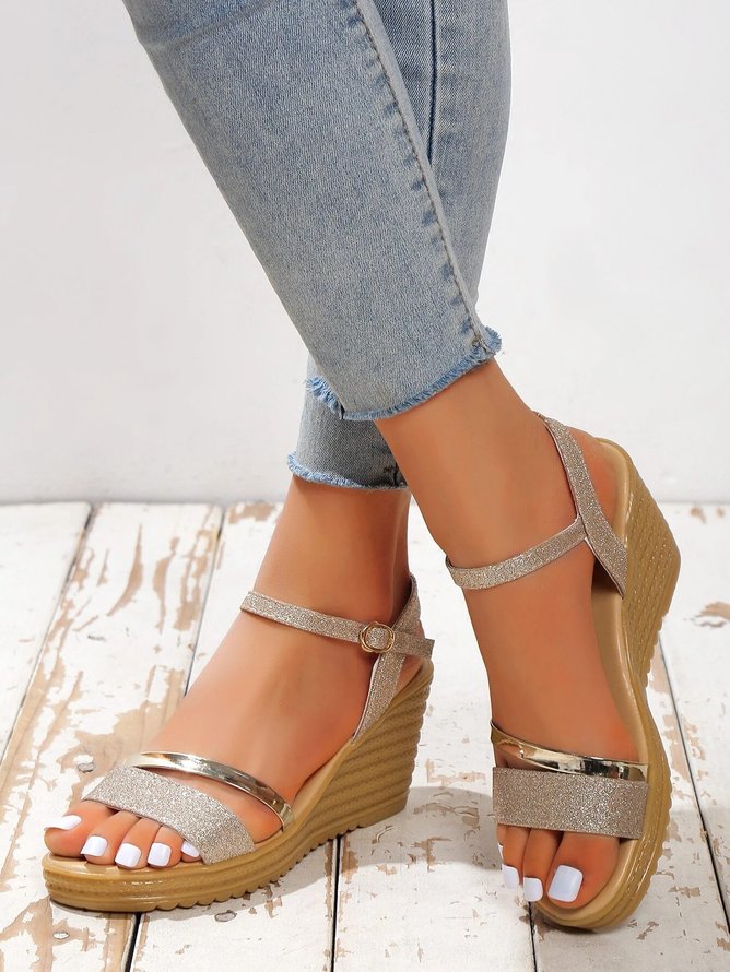 Metallic Glitter Ankle Strap Wedge Sandals