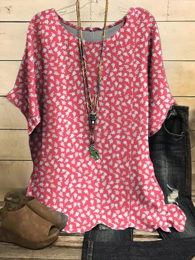 Plus Size Disty Floral Casual Crew Neck Shirt
