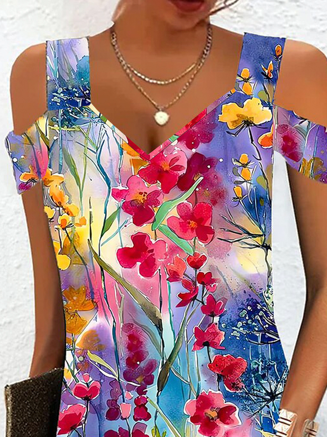 Floral Loose Cut-Outs Vacation Shirt