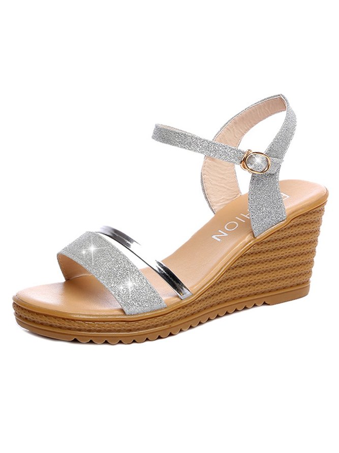 Metallic Glitter Ankle Strap Wedge Sandals