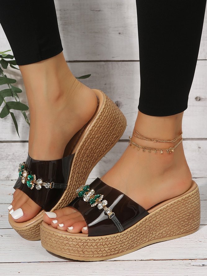 Waterproof Transparent PVC Rhinestone Decoration Holiday Faux Woven Wedge Sandals