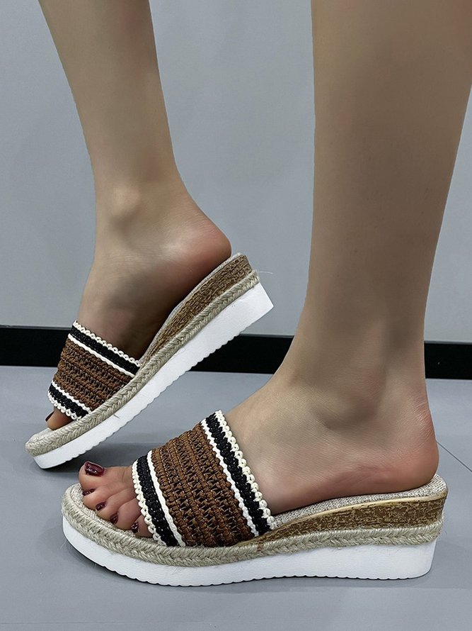 Brown Contrasting Woven Fabric Holiday Beach Straw Wedge Sandals