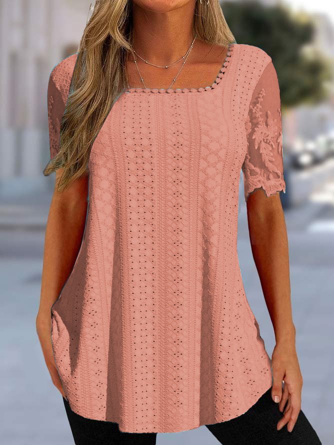 Square Neck Simple Lace Plain T-Shirt