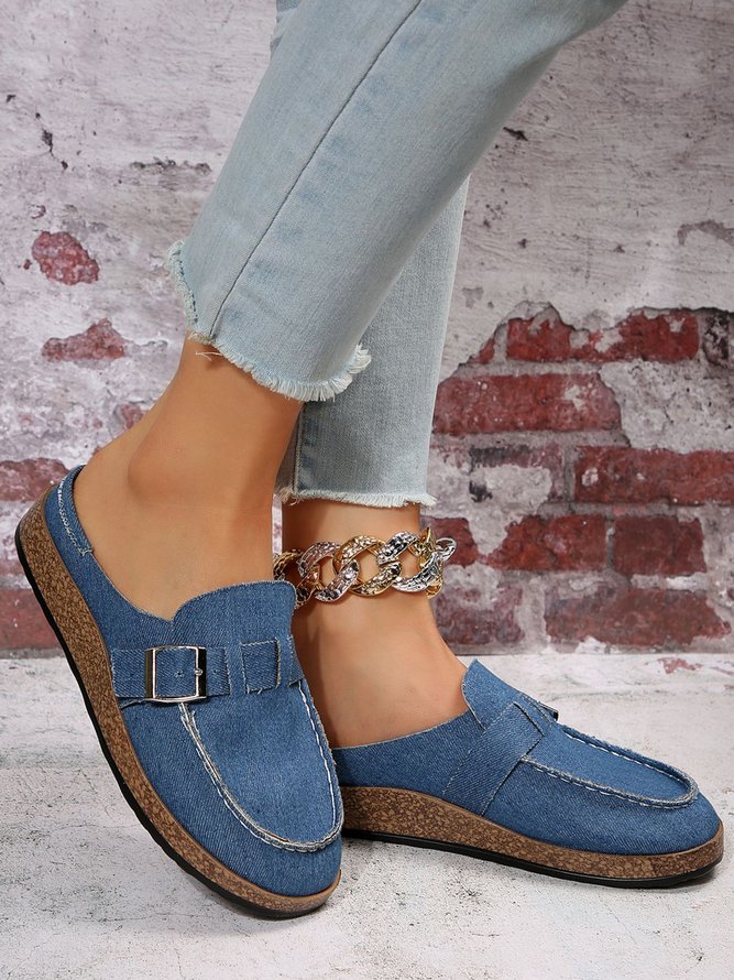 Blue Denim Buckle Decor Casual Mules