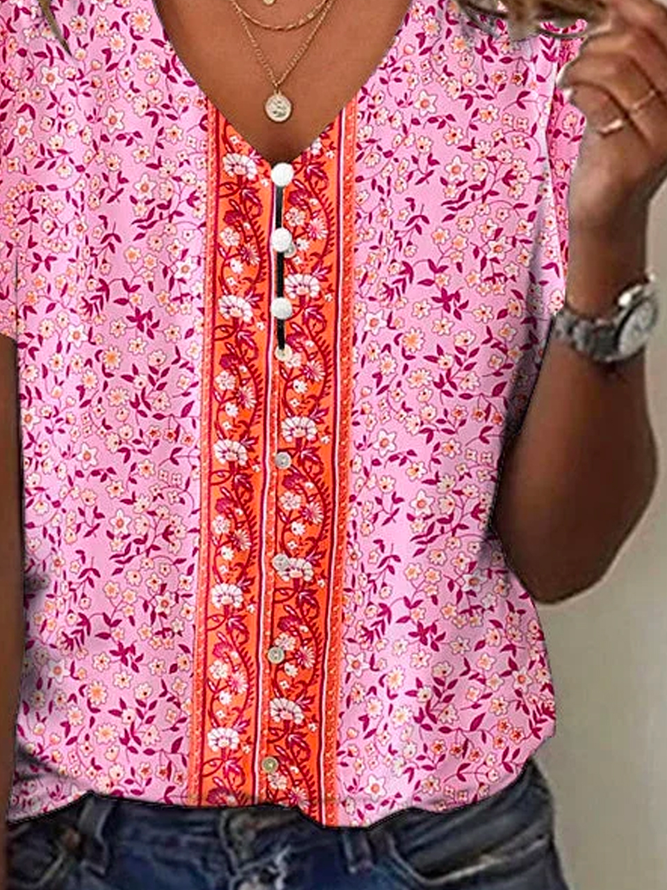 Floral Loose Casual V Neck Shirt