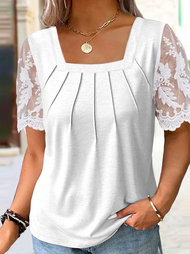Plus Size Square Neck Casual Lace Edge Plain Shirt