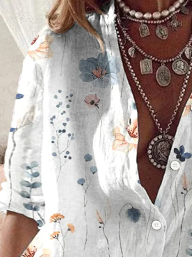 Plus Size Shirt Collar Casual Floral Loose Blouse