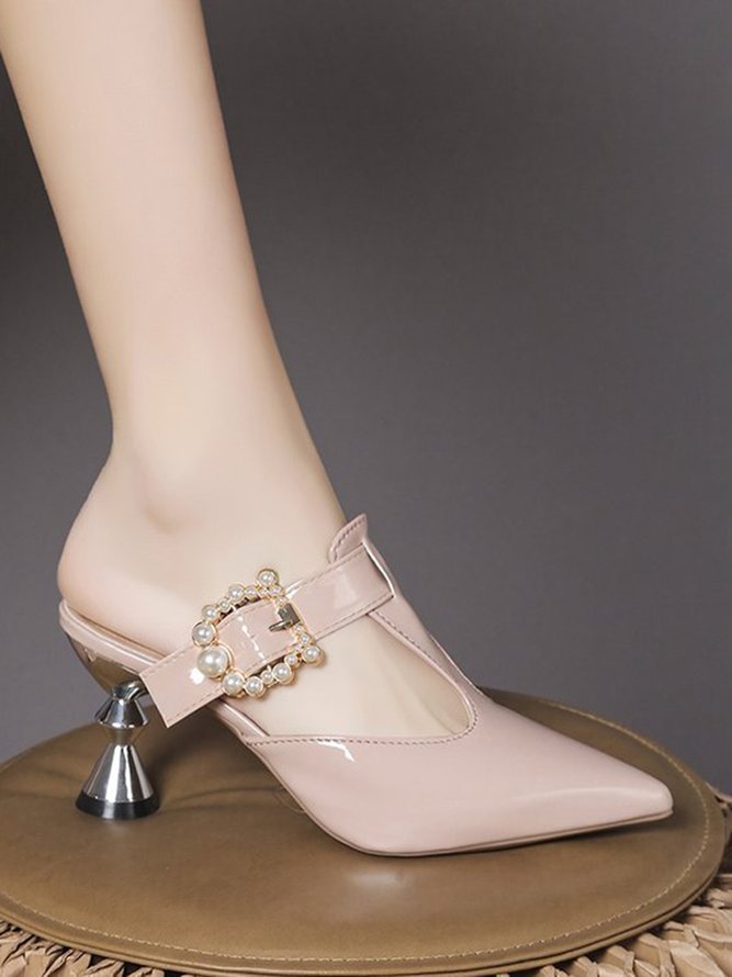 Elegant Pearl Buckle Decoration Pointed Toe Mules Pumps