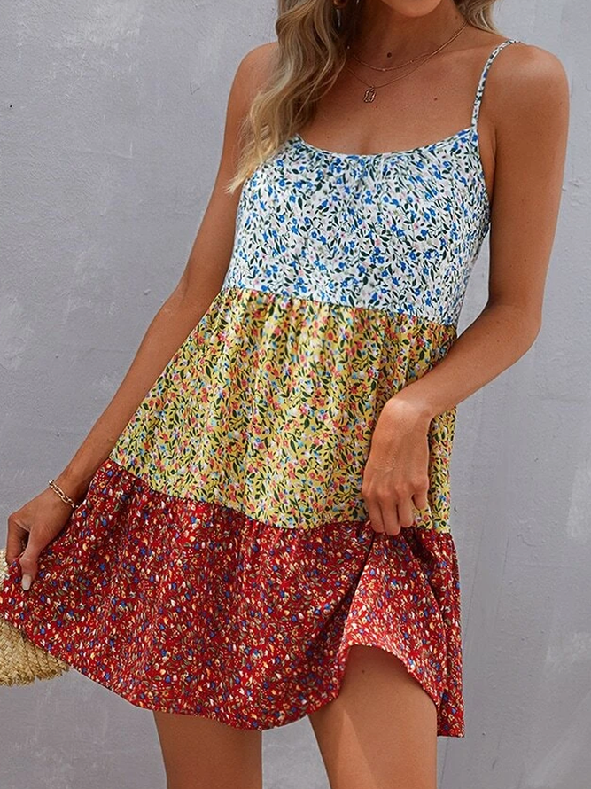 Ditsy Floral Print Colorblock Vacation Dress
