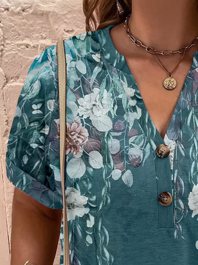 Plus Size Loose Casual Half Open Collar Floral T-Shirt