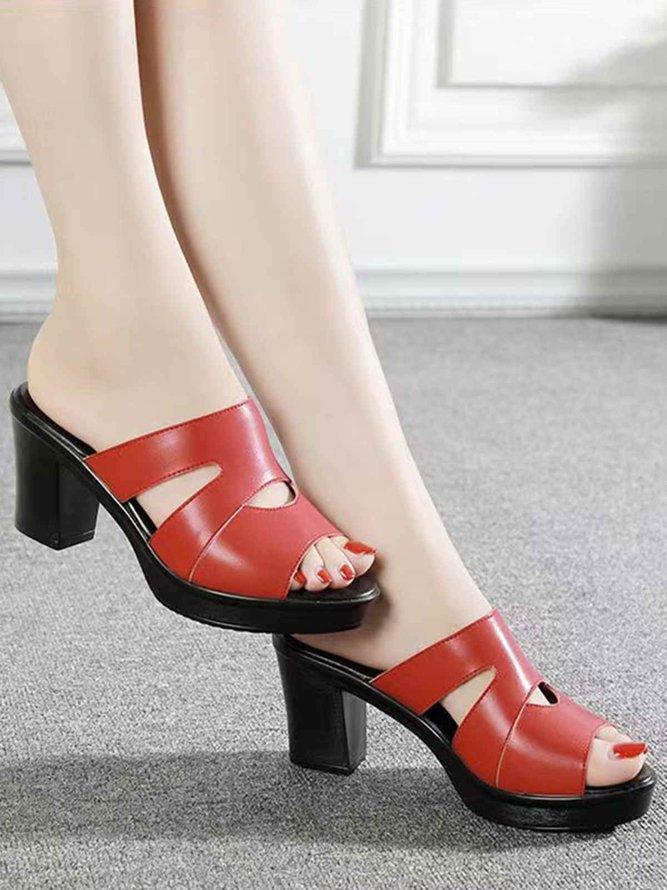 Solid Color Hollow Casual Chunky Heel Peep Toe Sandals