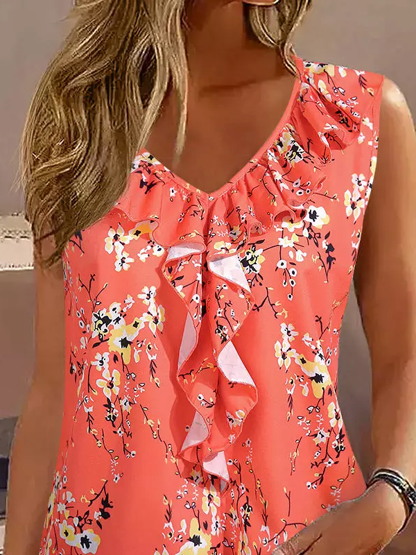 Floral Casual V Neck Loose Tank Top