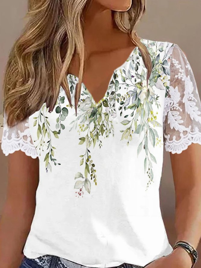 Lace Casual Loose Notched Shirt