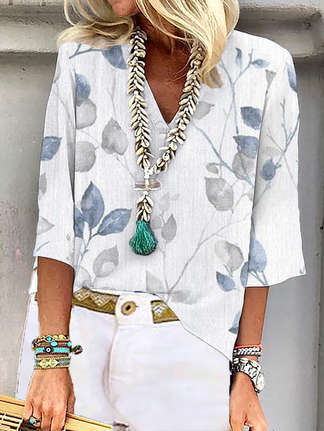 Casual Leaf Loose V Neck Shirt