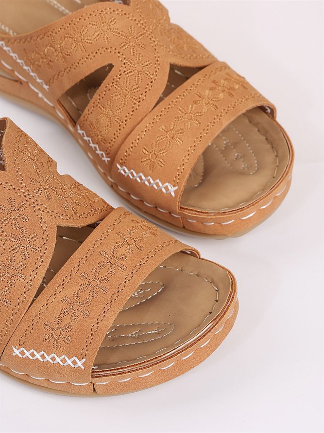 Vintage Hollow Out Stitch Wedge Heel Slide Sandals