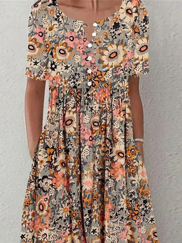 Casual Loose Crew Neck Floral Dress