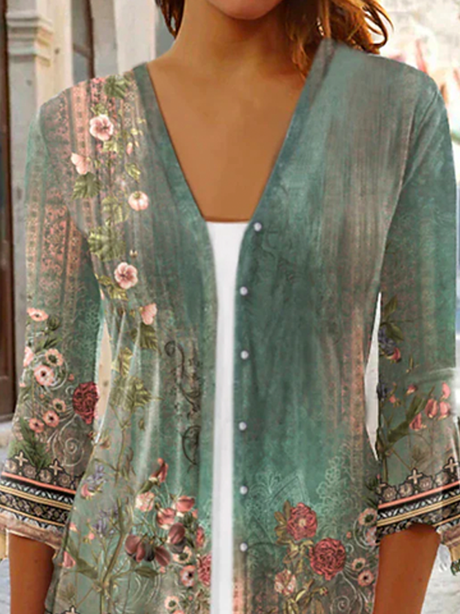 V Neck Casual Ethnic Printed Kimono