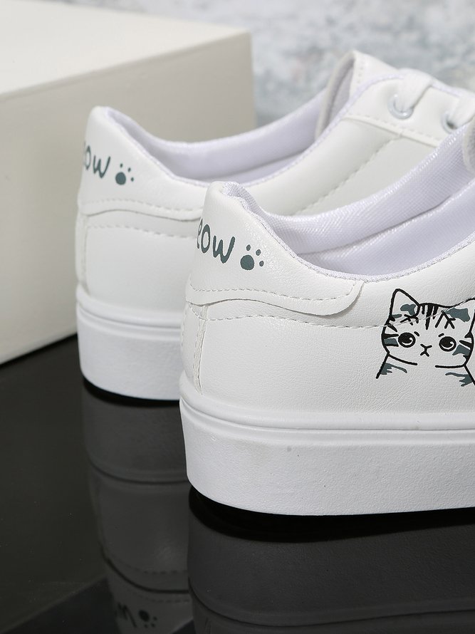White Cat Letters Graphics Casual Sneakers