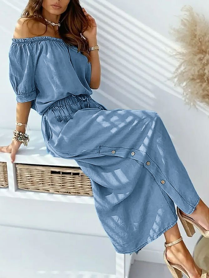 Loose Casual Buckle Polyester Cotton Dress