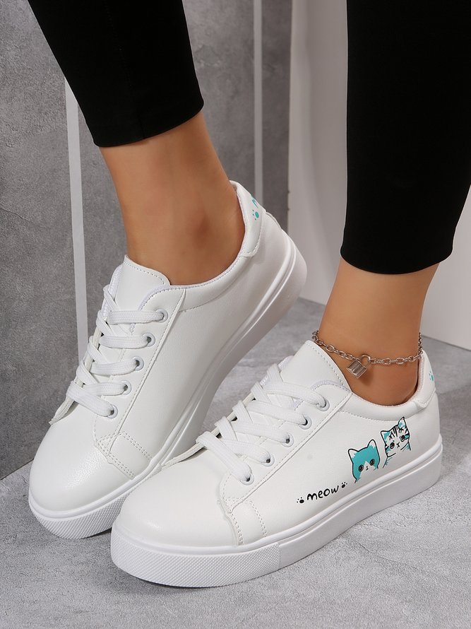 White Cat Letters Graphics Casual Sneakers