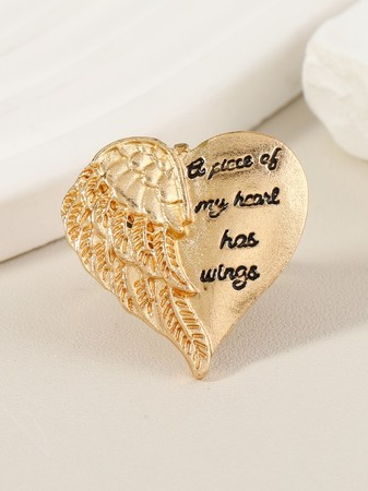 "A Place Of My Heart Has Wings" Feather Heart Metal Chop Ring Women's Jewelry