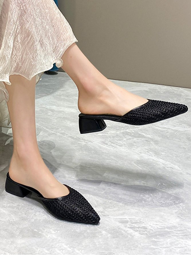 Leaf Embroidered Mesh Breathable Chunky Heel Mules