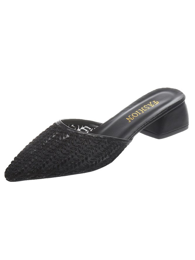 Leaf Embroidered Mesh Breathable Chunky Heel Mules